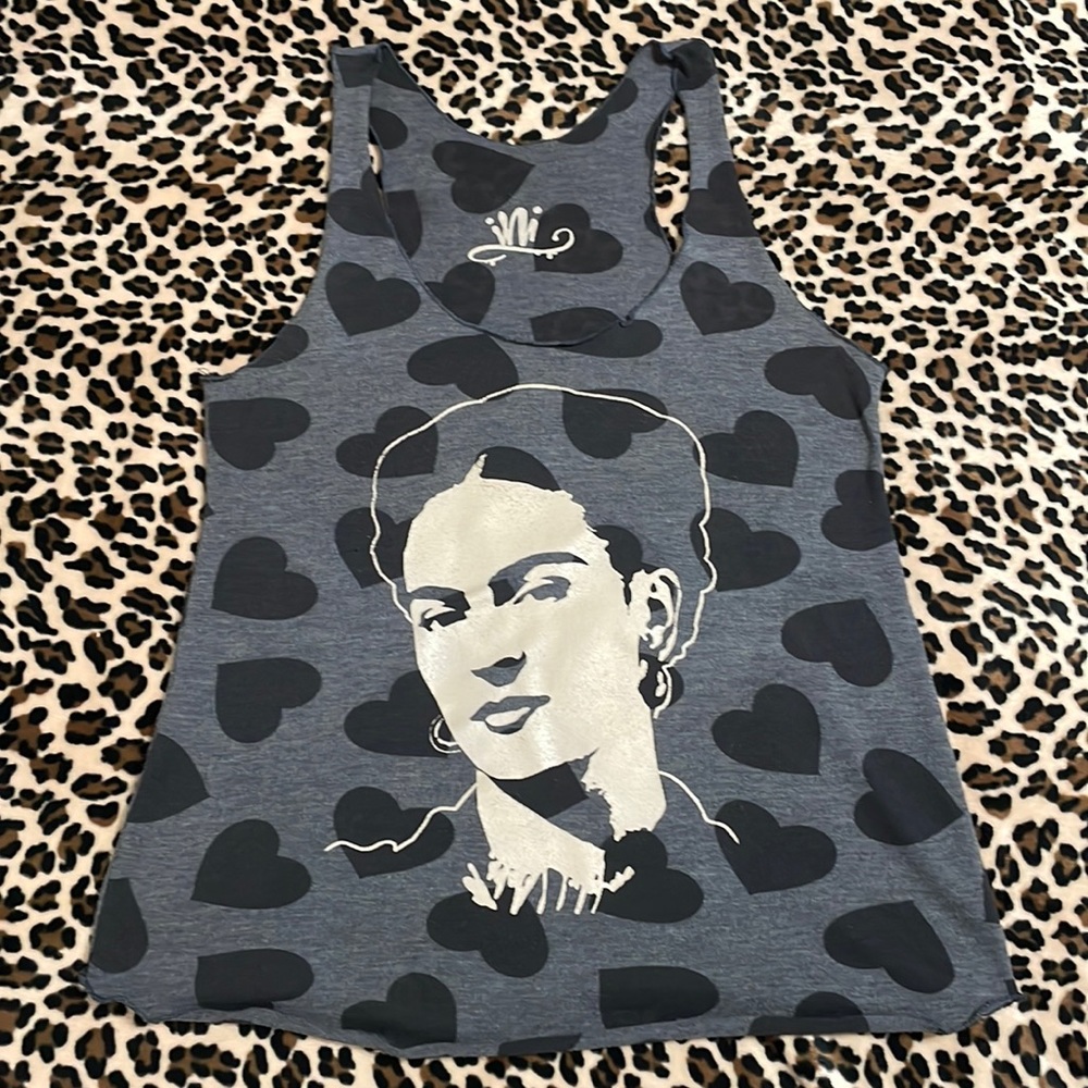 FRIDA KAHLO Tank Top Stretch Heart Grey Large Handmade Heart Mexican Latinx LA